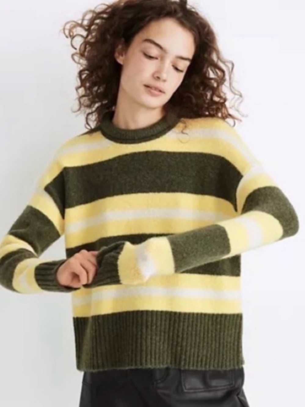 Madewell Olive Green and Yellow Striped Crewneck Sweater